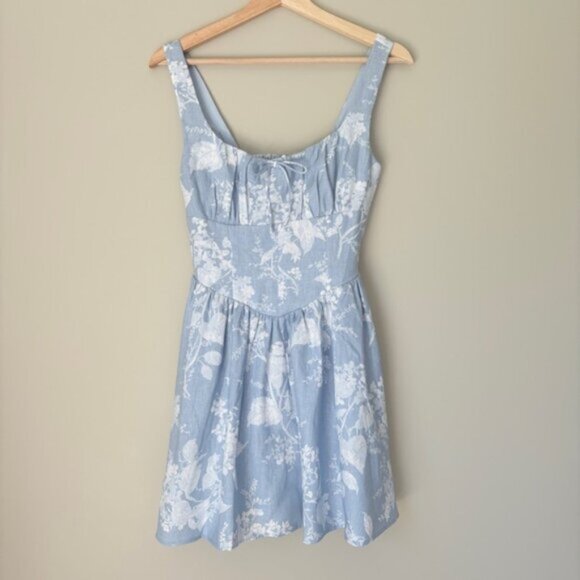NEW Reformation Daria Linen Mini Dress Bow Angelic Sky Blue Floral | US 0 UK 4 - Picture 4 of 12
